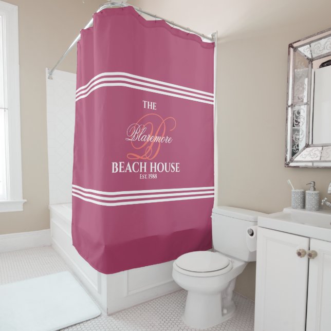Raspberry and Coral Initial White Stripes Bath Shower Curtain (In Situ)