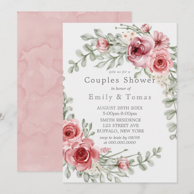 Raspberry and Pink Watercolor Peony Couples Shower (Front/Back)