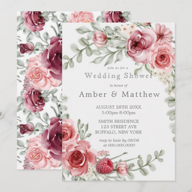 Raspberry and Pink Watercolor Peony Wedding Shower (Front/Back)
