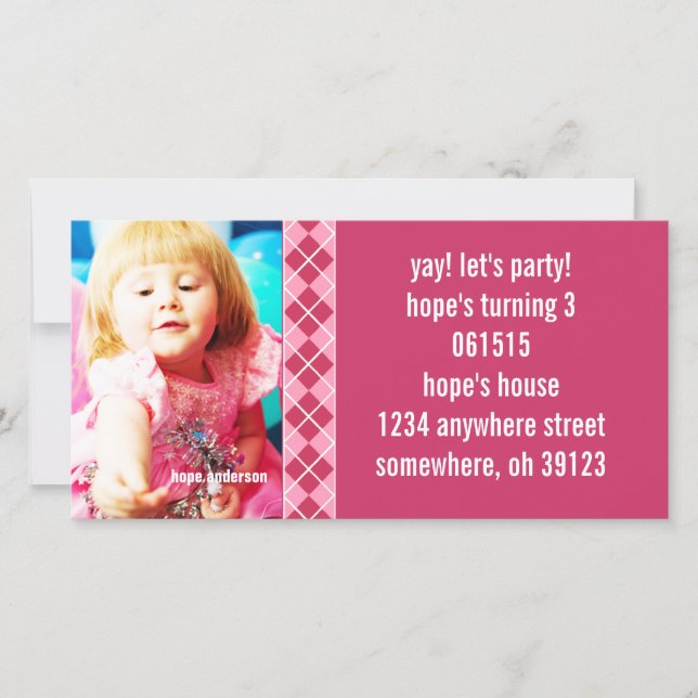 Raspberry Argyle Birthdy Photo Invitation (Front)