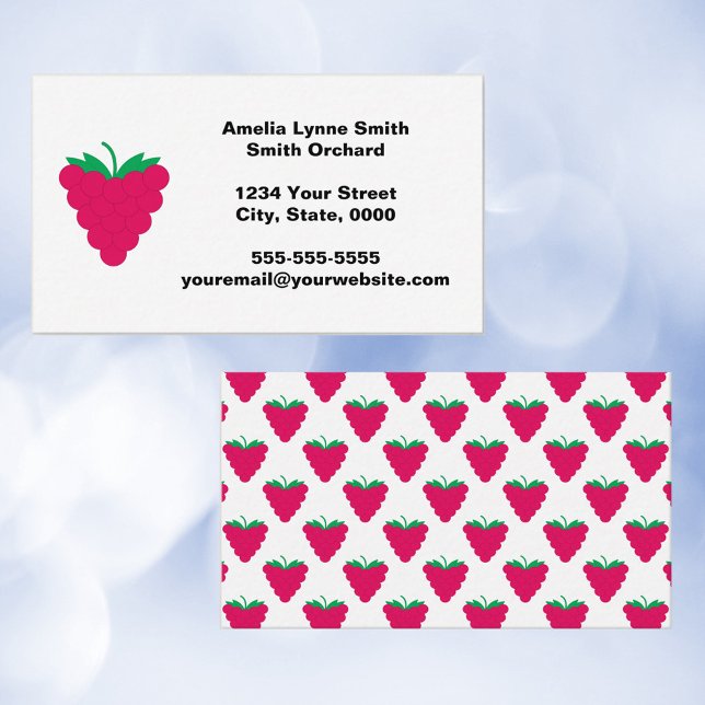 Raspberry Berry Fruit Pink Personalise Business Card (A business card with a raspberry theme and text you can personalize.)
