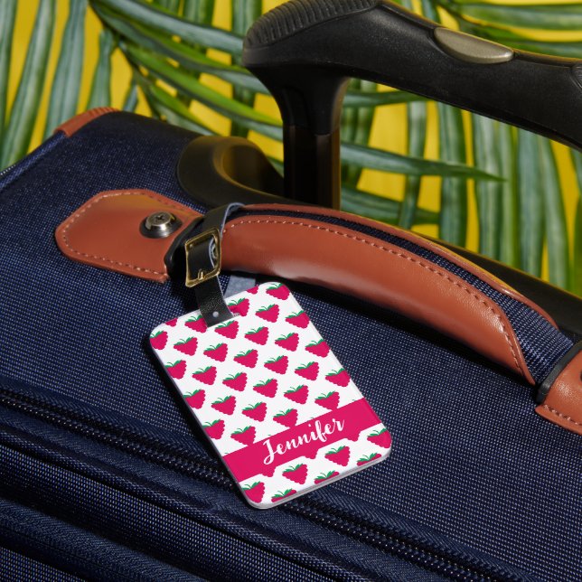 Raspberry Berry Pattern Pink Personalise Luggage Tag (Front Insitu 1)