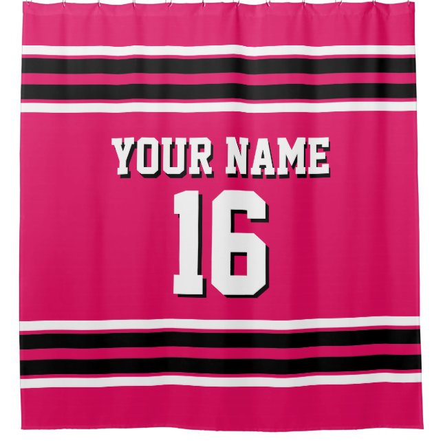 Raspberry Black White Stripes Sports Jersey Shower Curtain (Front)