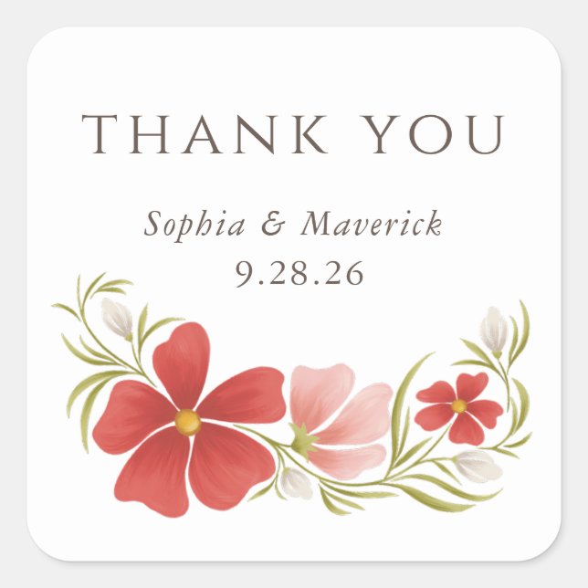 Raspberry & Blush Bold Floral Thank You Sticker (Front)
