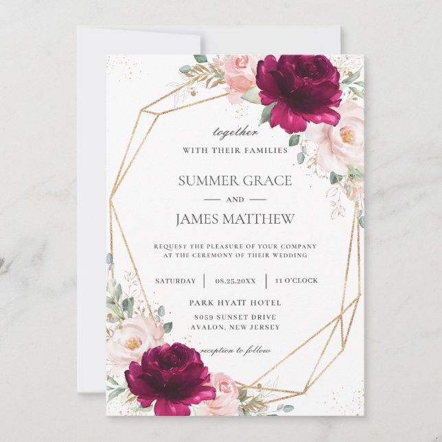 Raspberry Blush Pink Rose Floral Geometric Wedding Invitation (Front)