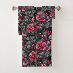 Raspberry, burgundy flowers on dark gray bath towel set