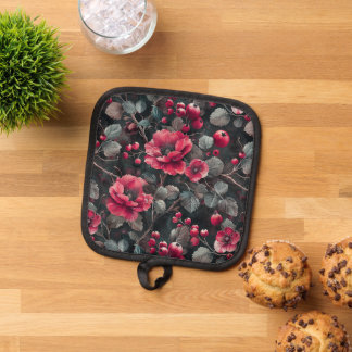 Raspberry, burgundy flowers on dark gray pot holder