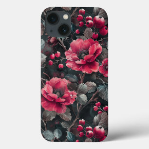 Raspberry, burgundy flowers on dark grey iPhone 13 case