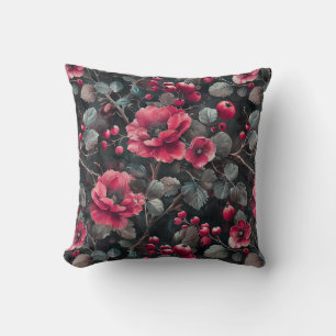 Raspberry, burgundy flowers on dark grey cushion