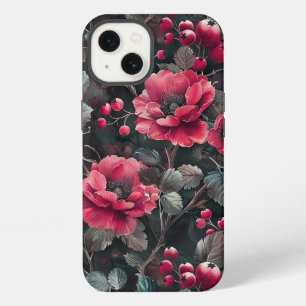 Raspberry, burgundy flowers on dark grey iPhone 13 case