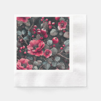 Raspberry, burgundy flowers on dark grey napkin