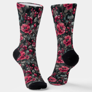 Raspberry, burgundy flowers on dark grey socks