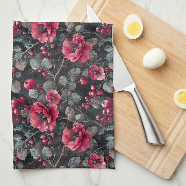 Raspberry, burgundy flowers on dark grey tea towel (Quarter Fold)