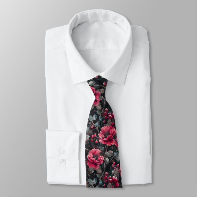 Raspberry, burgundy flowers on dark grey tie (Tied)