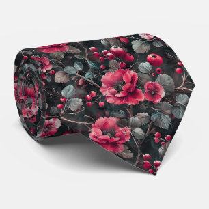 Raspberry, burgundy flowers on dark grey tie