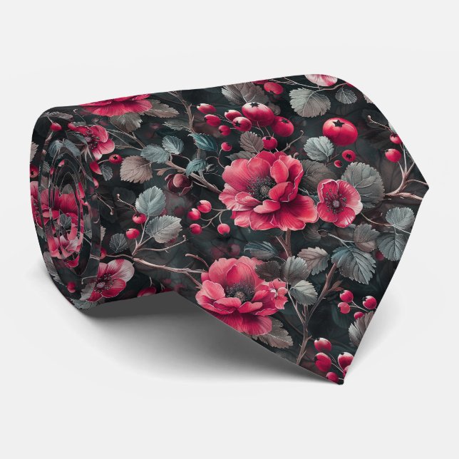 Raspberry, burgundy flowers on dark grey tie (Rolled)