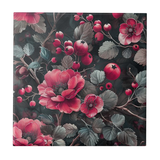 Raspberry, burgundy flowers on dark grey tile (Front)