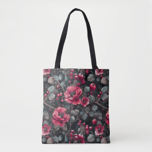 Raspberry, burgundy flowers on dark grey tote bag (Front)