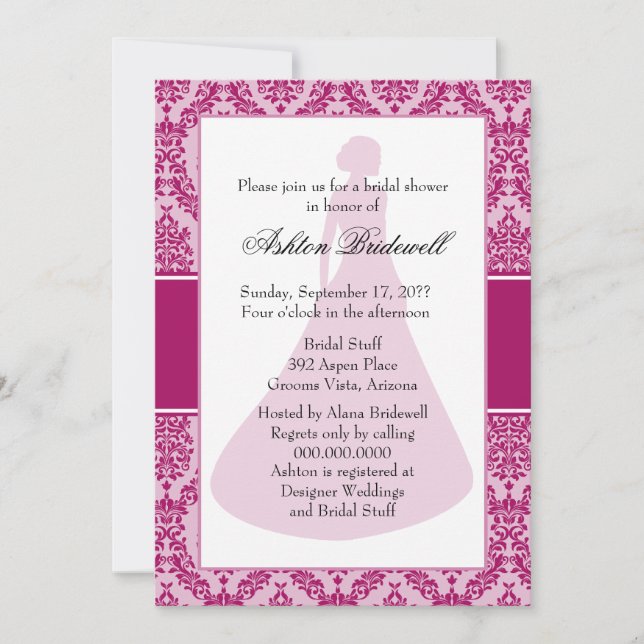 Raspberry Damask Bridal Shower Invitation (Front)