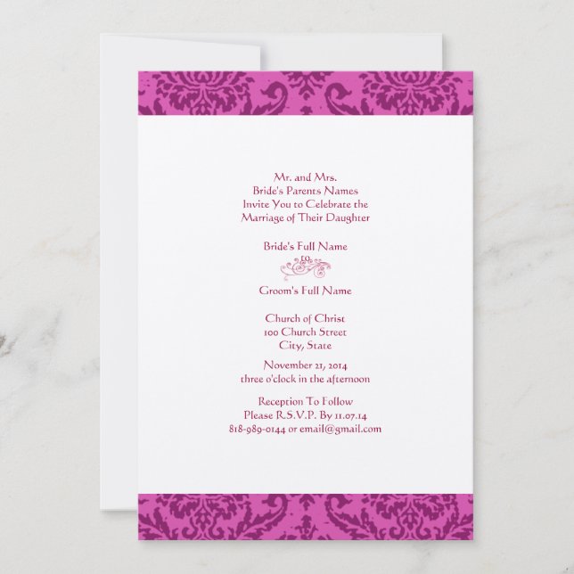 Raspberry Damask Wedding Invitation (Front)