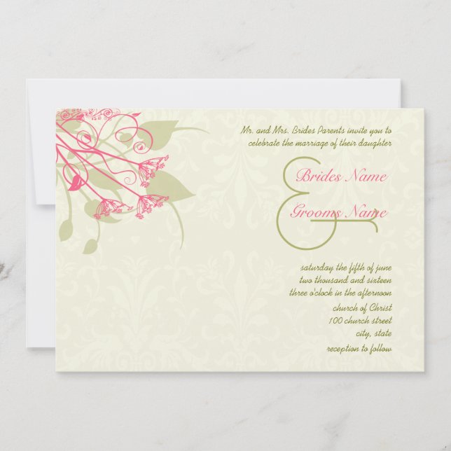 Raspberry Dandelion Damask Wedding Invitations (Front)