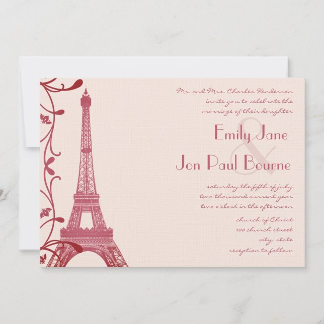 Raspberry Eiffel Tower Pink Wedding Invite (Front)