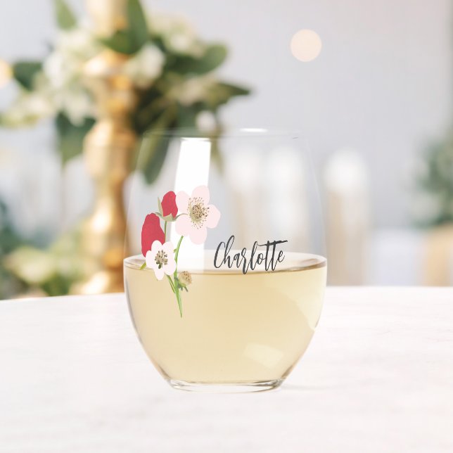 Raspberry Floral Bouquet Custom Name  Stemless Wine Glass (Insitu (Wedding))