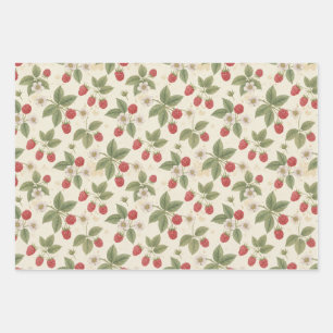 Raspberry Fruit Bunches with Leaves and Blossom Wrapping Paper Sheet