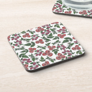 Raspberry Fruit Leaves Illustration Pattern Coaster