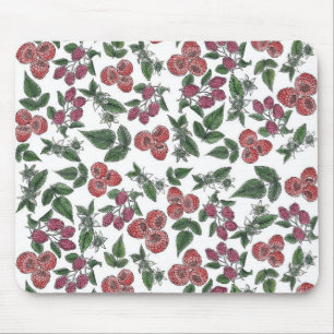 Raspberry Fruit Leaves Illustration Pattern Mouse Mat