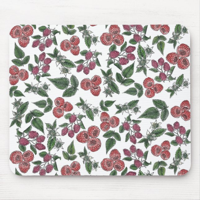 Raspberry Fruit Leaves Illustration Pattern Mouse Mat (Front)
