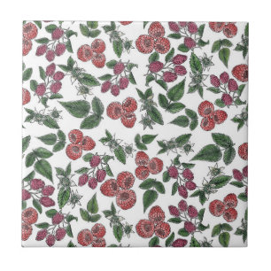 Raspberry Fruit Leaves Illustration Pattern Tile