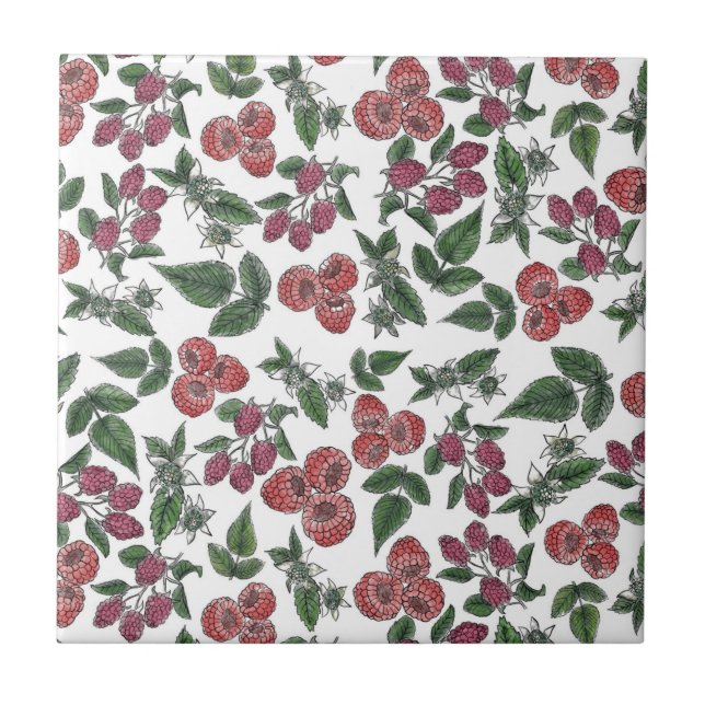 Raspberry Fruit Leaves Illustration Pattern Tile (Front)