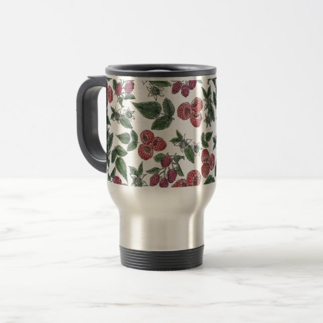 Raspberry Fruit Leaves Illustration Pattern Travel Mug (Front Left)