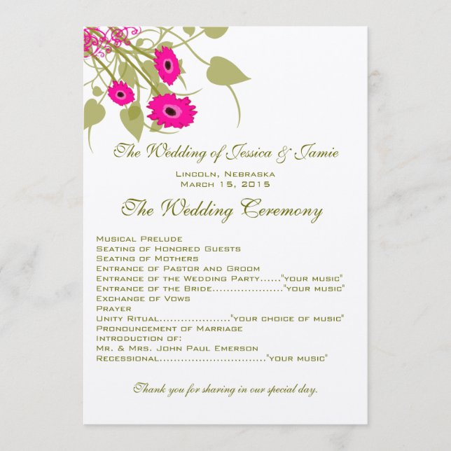 Raspberry Gerbers Wedding Program Programme (Front)