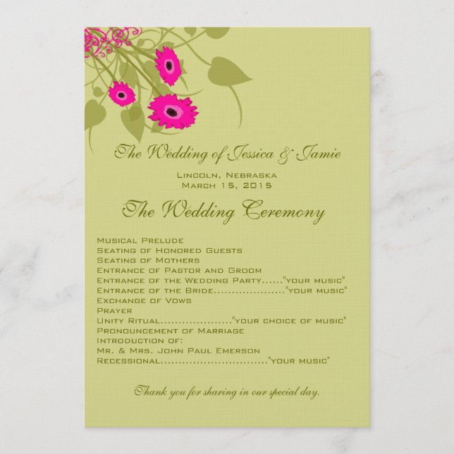 Raspberry Gerbers Wedding Program Programme (Front)