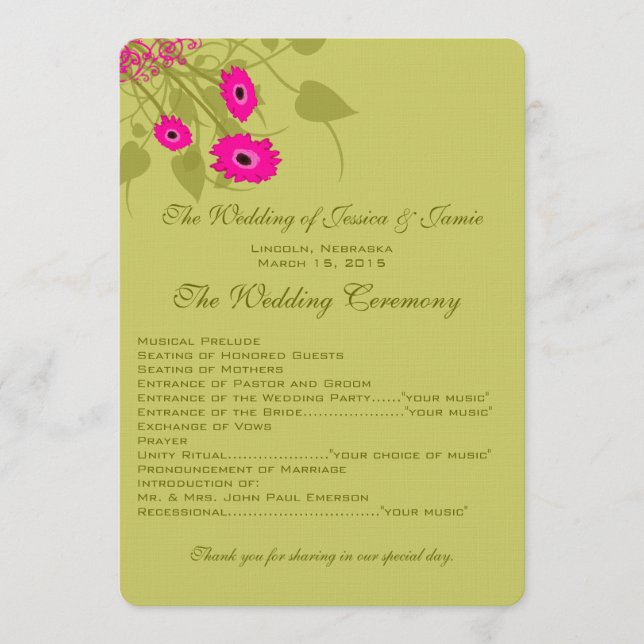 Raspberry Gerbers Wedding Program Programme (Front)