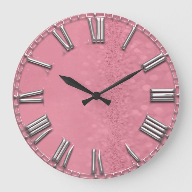 Raspberry Glitter Metal Grey Silver Roman Numbers Large Clock (Front)