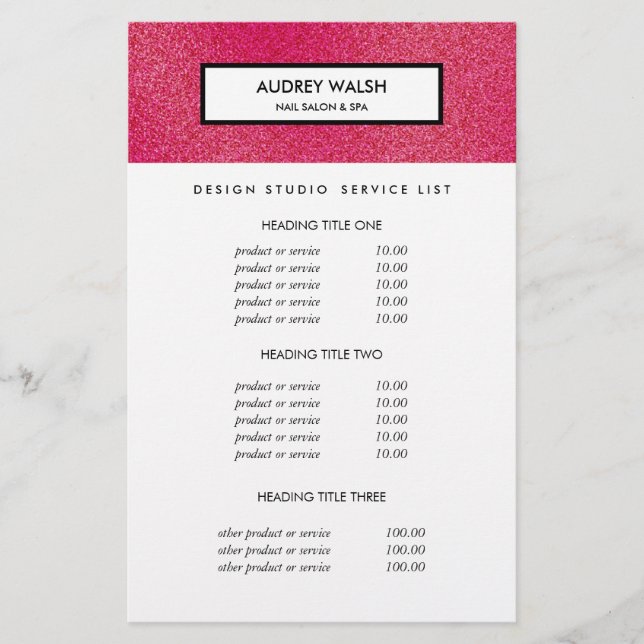 Raspberry Glitter White Salon Pricing & bServices Flyer (Front)