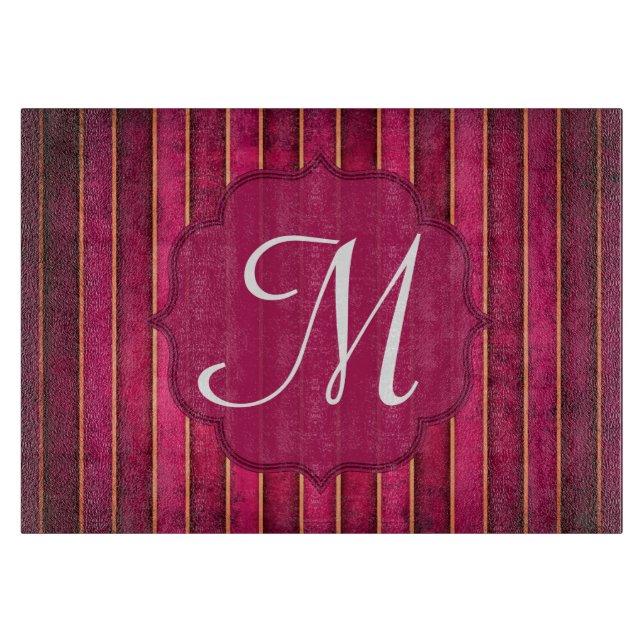 Raspberry Gold Stripe Monogram Glass Cutting Board (Front)