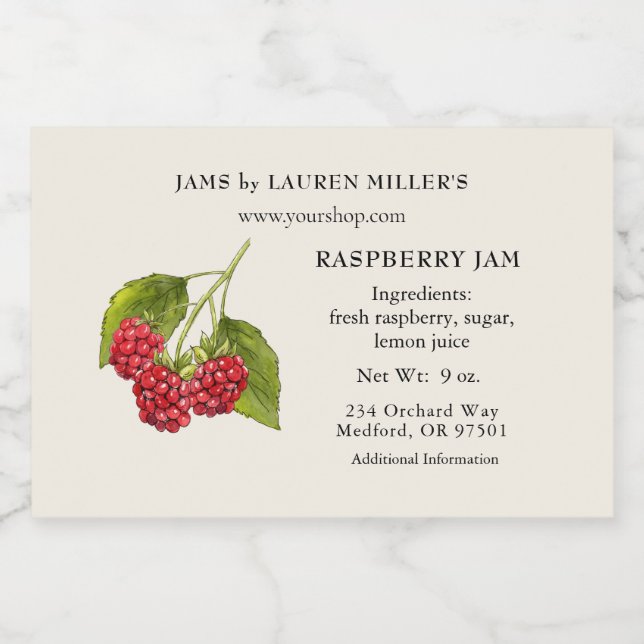 Raspberry Jam Label with Ingredient list (Single Label)