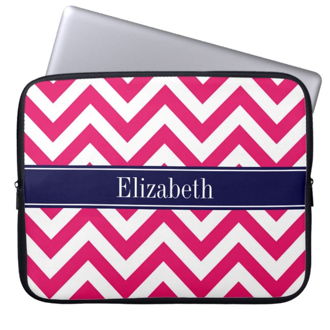 Raspberry Lg Chevron Navy Blue Name Monogram Laptop Sleeve (Front)