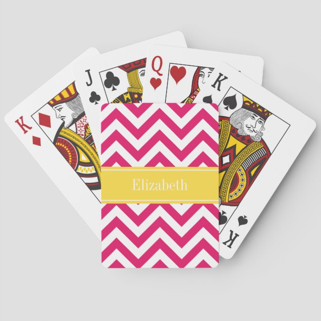 Raspberry Lg Chevron Pineapple Name Monogram Playing Cards (Back)