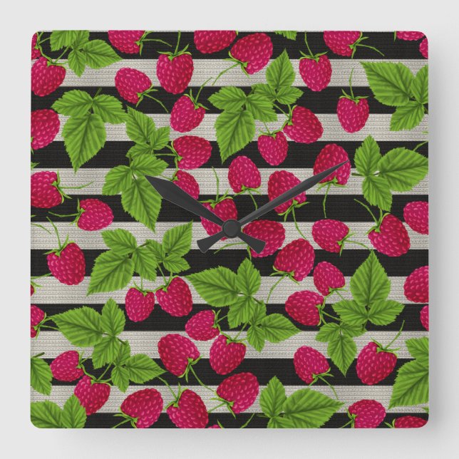 Raspberry Modern Black & White Stripes Square Wall Clock (Front)