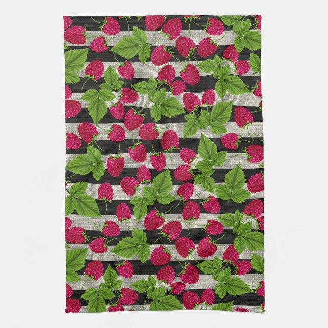 Raspberry Modern Black & White Stripes Tea Towel (Vertical)