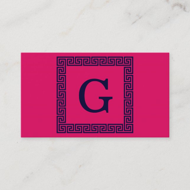 Raspberry, Navy Blue Greek Key #1 Framed Monogram Business Card (Front)