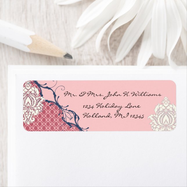 Raspberry & Navy Damask Address Labels (Insitu)