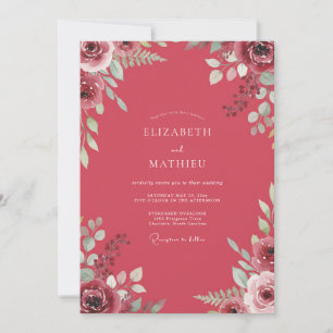 Raspberry Painted Leafy Wedding Invitation