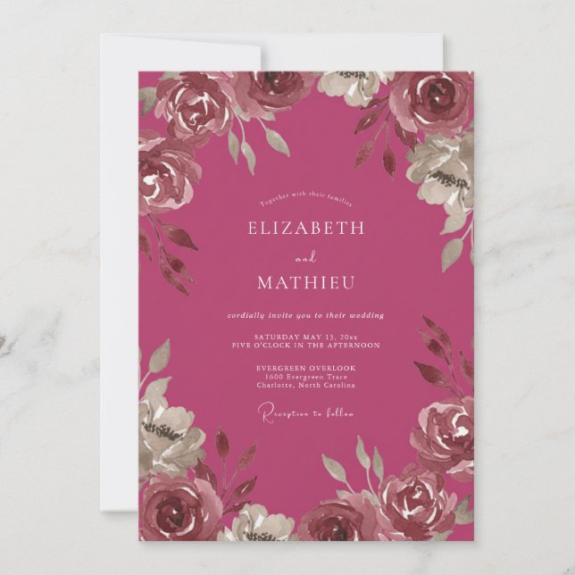 Raspberry Painted Ranunculus Wedding Invitation (Front)
