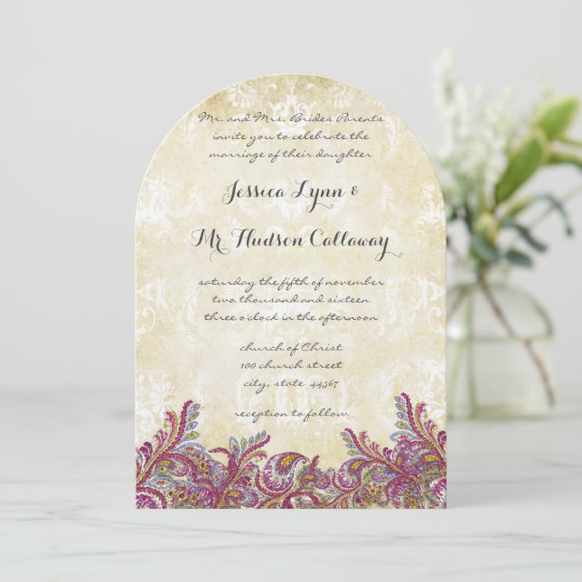 Raspberry Paisley Damask Wedding Invitations (Standing Front)